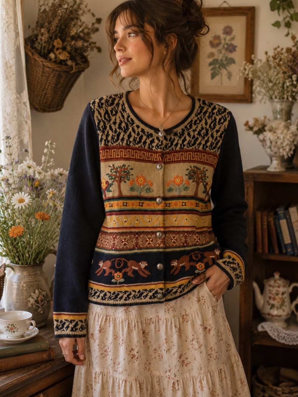 Vintage Arriviste Embroidered Beaded Monkey Whimsical Cottagecore Cardigan M